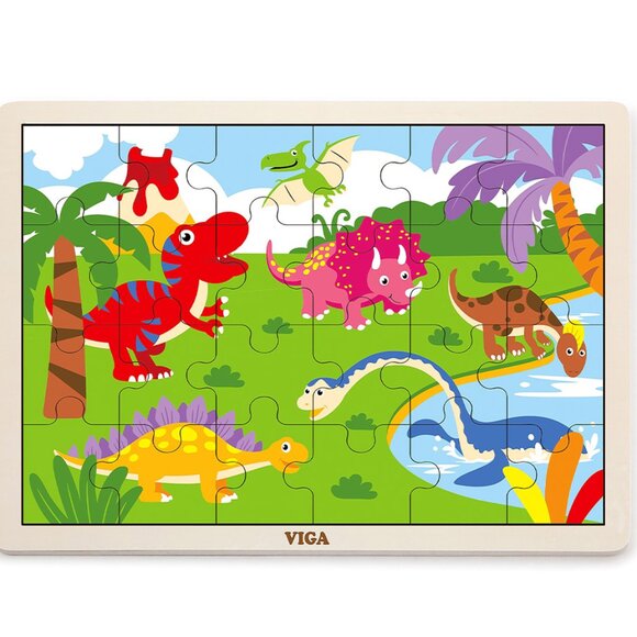 VIGA 24 Pcs Flat Wooden Puzzle w/Tray -Dinosaurs New Sealed For Age 2+ - Picture 1 of 14